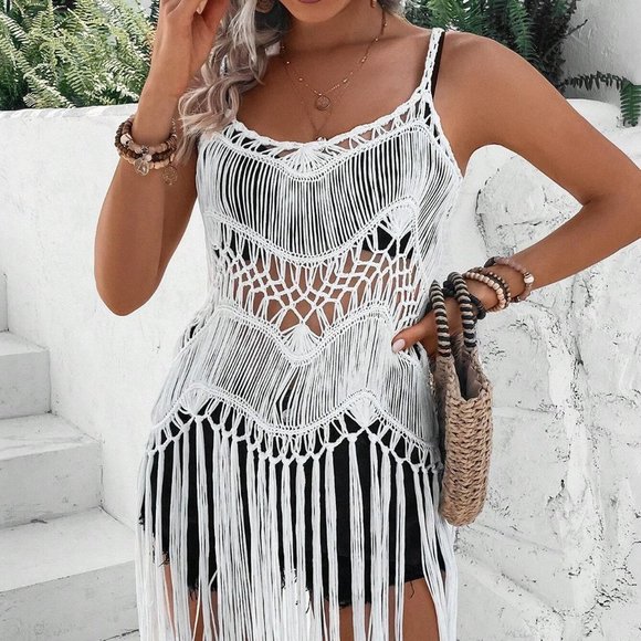 MODA ME COUTURE Other - Hollow Out Fringe Hem Cami Cover Up white